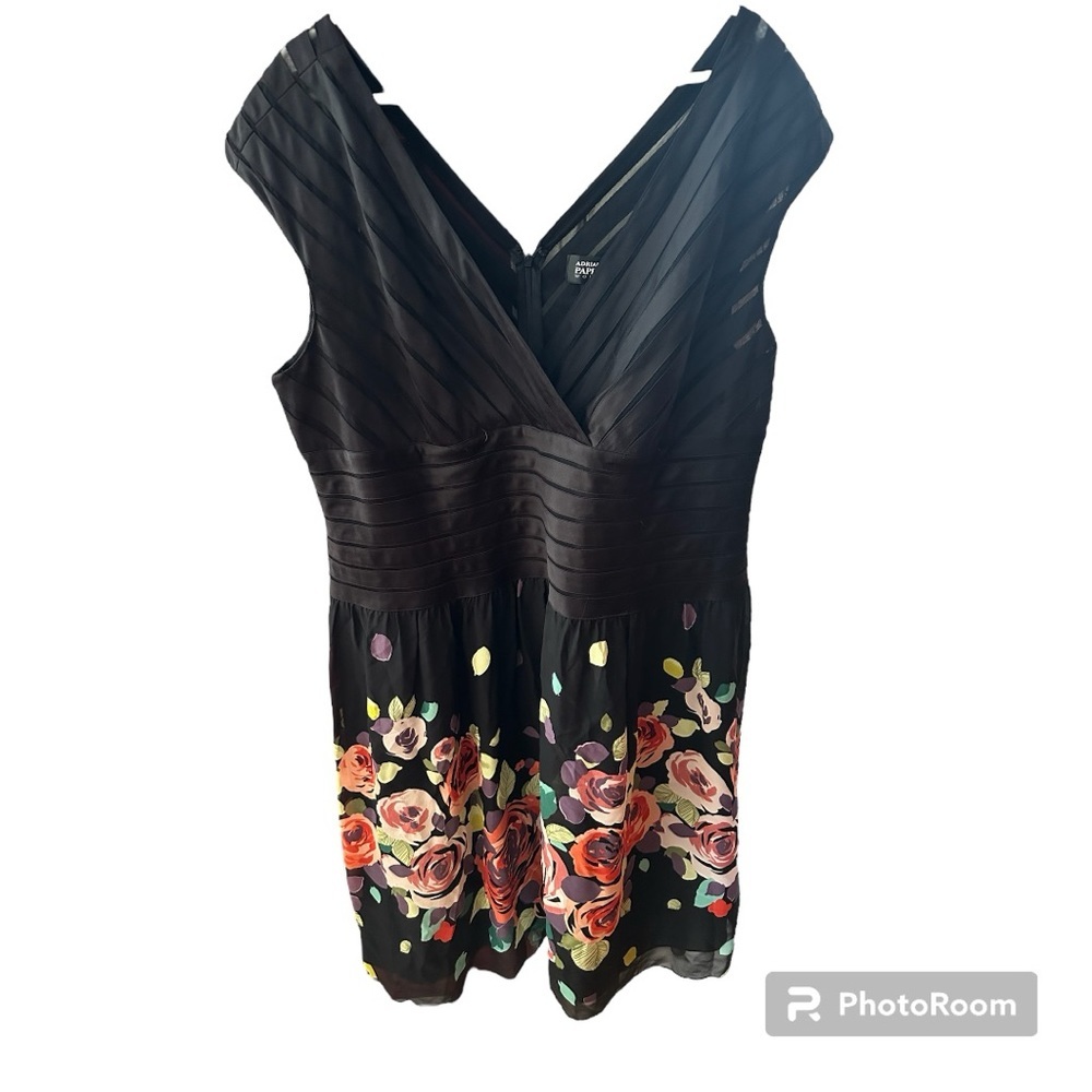 Black Floral Fit-and-Flare Silk Dress with V-Neck and Back/Embroidery